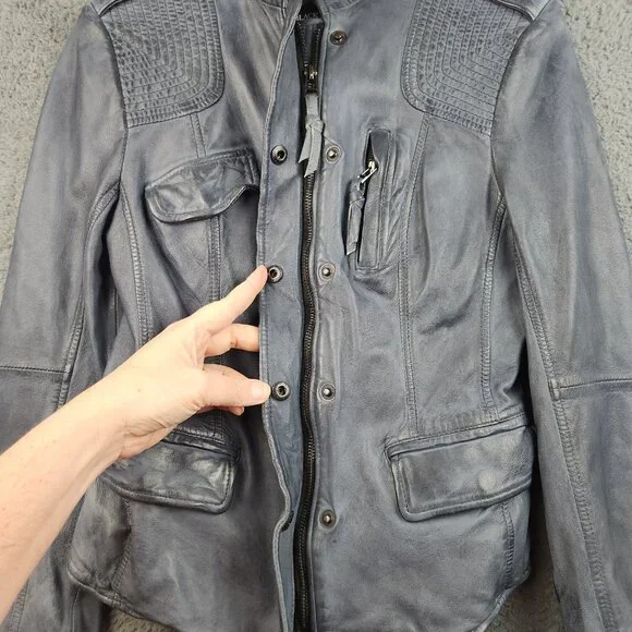 Y2K Vegan Faux Leather Cafe Racer Moto Jacket Women's Small Slate Blue Petina - Picture 8 of 13